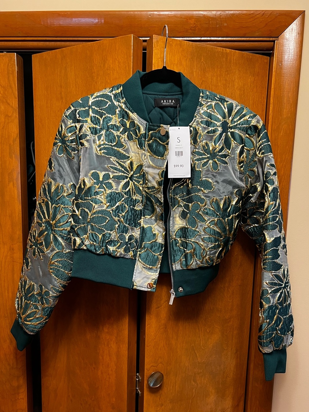 Akira Green and Gold Cropped Bomber Jacket